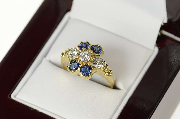 14K Yellow Gold 0.97 Ctw 1940's Diamond Sapphire Cocktail Ring