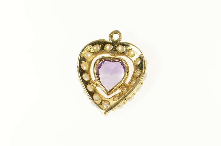 14K Yellow Gold Heart Amethyst Pearl Halo Retro Classic Pendant