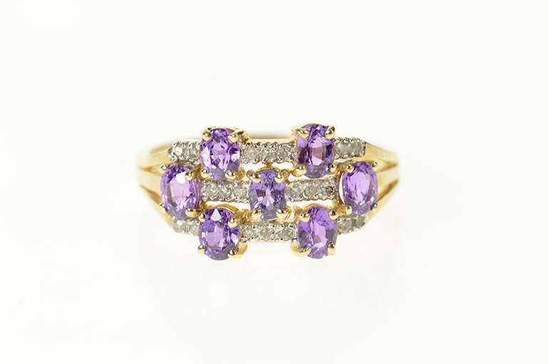 10K Yellow Gold Amethyst Diamond Tiered Statement Band Ring