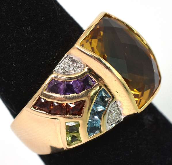 Awesome Citrine Ring with Rainbow Shoulders in 14KT Yellow Gold