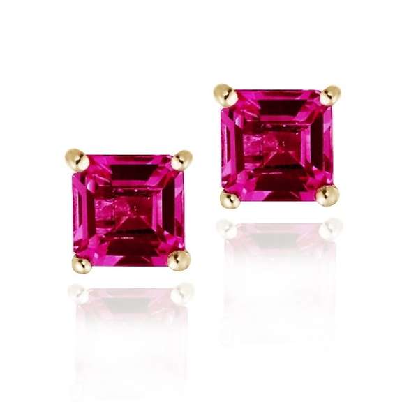 18K Gold over Sterling Silver 1.6ct Created Ruby Square Stud Earrings, 5mm
