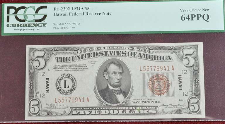 1934A Hawaii Emergency $5 Silver Cert, 64PPQ Certified