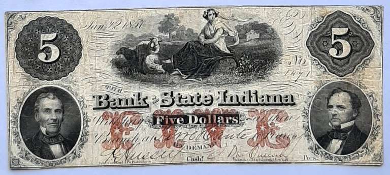 Rare 2 Sided $ 5 Bank Of The State Of Indiana