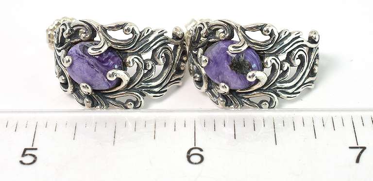 Elegant Purple Agate Filigree Half-Hoops in Sterling Silver