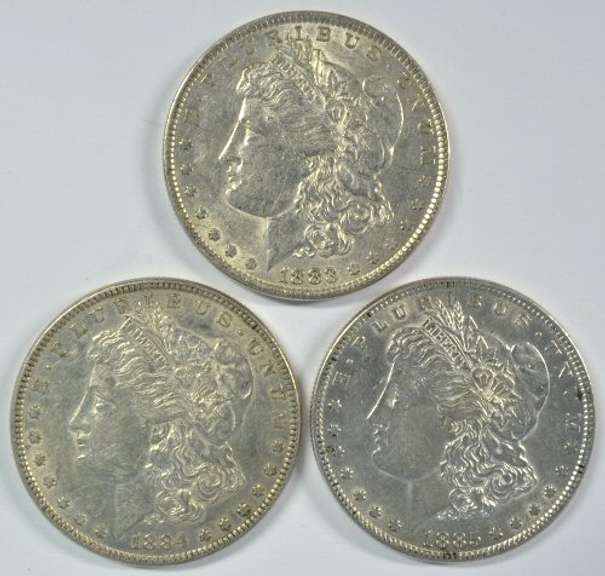 1883, 1884, & 1885 Morgan Silver Dollars. High end