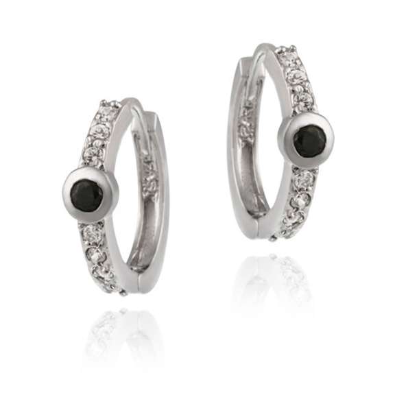 Sterling Silver Black Genuine Sapphire and Simulated Diamond CZ Hoop Earrings
