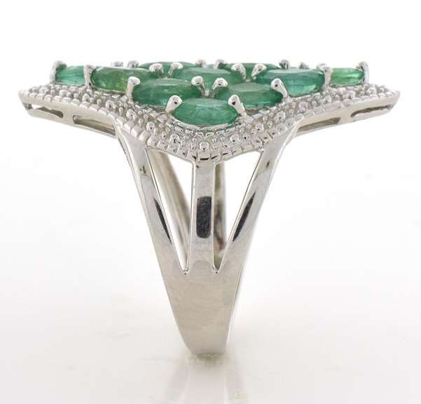 Entrancing 3.48CTW Natural Emerald Cluster Ring in Platinum-Plated Silver
