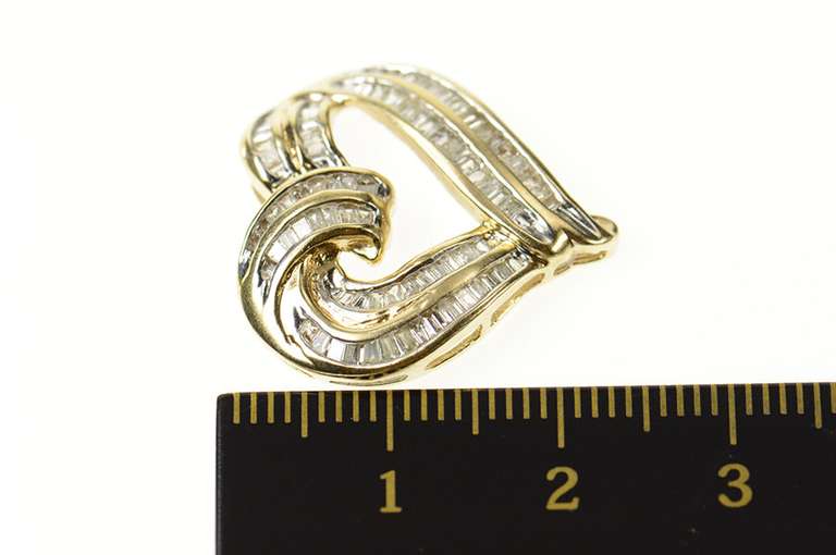 10K Yellow Gold Wavy Baguette Diamond Channel Curvy Heart Pendant