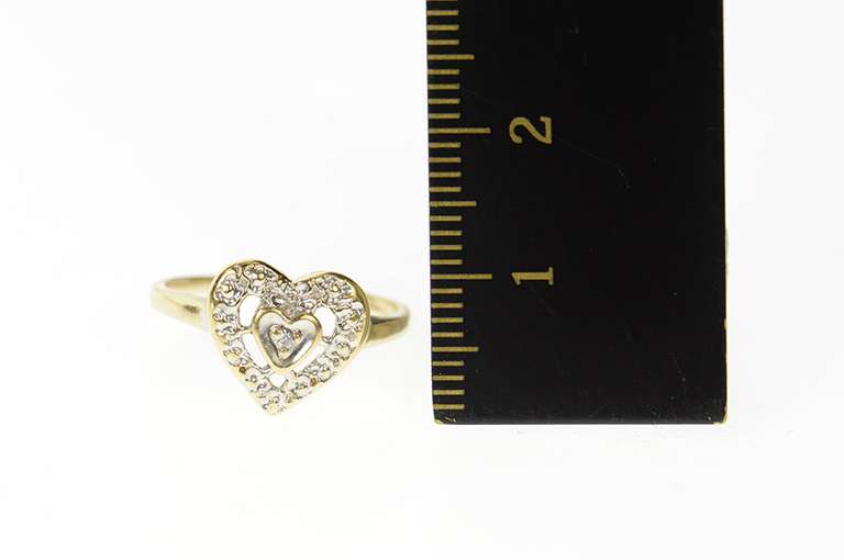 10K Yellow Gold Diamond Inset Retro Heart Love Promise Ring