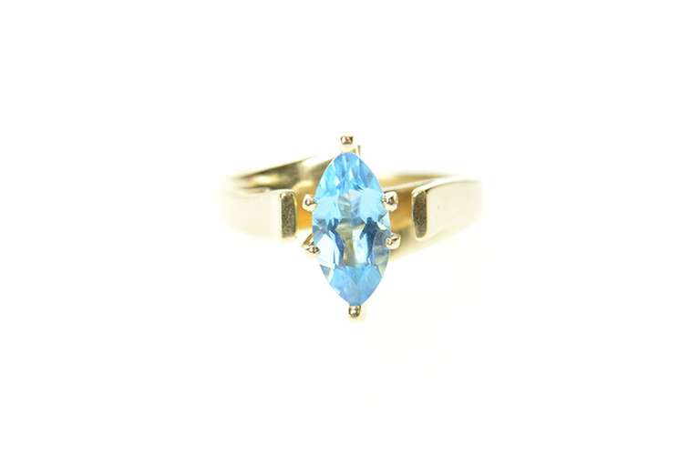 10K Yellow Gold Marquise Blue Topaz Ornate Statement Ring