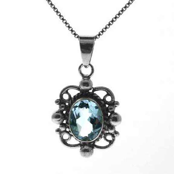 Sterling Silver Blue Topaz Filigree Oval Pendant