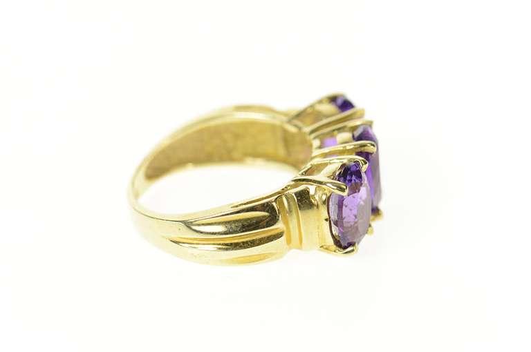 10K Yellow Gold Three Stone Amethyst Ornate Statement Ring