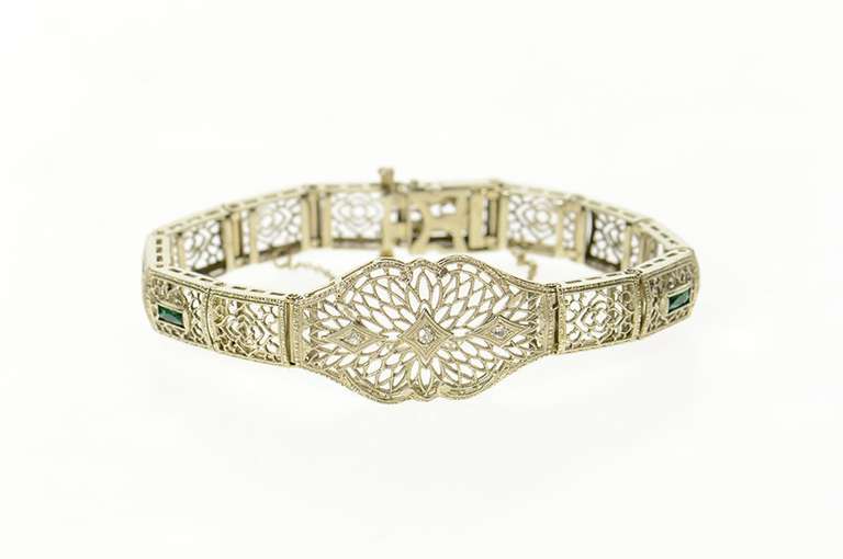 14K White Gold Art Deco Filigree Diamond Syn Emerald Bracelet