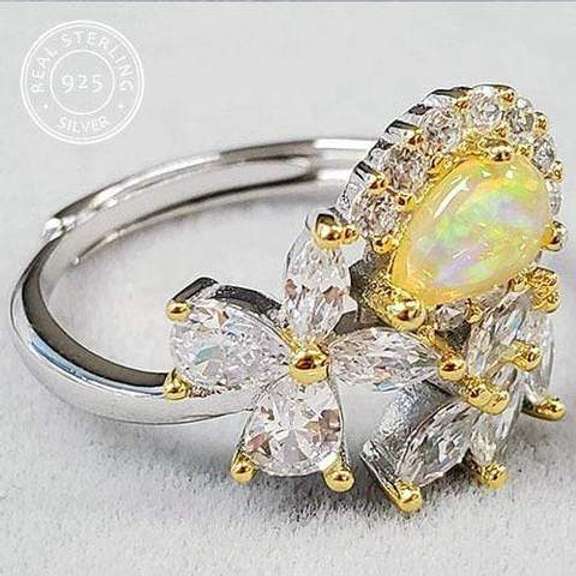 NEW! AUSTRALIAN OPAL & CZ STERLING SILVER ADJUSTABLE RING