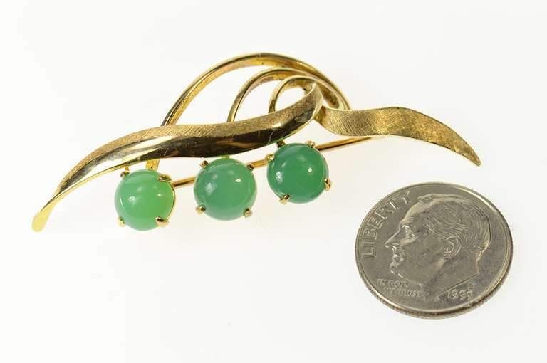 14K Yellow Gold Retro Ornate Green Chalcedony Floral Leaf Pin/Brooch