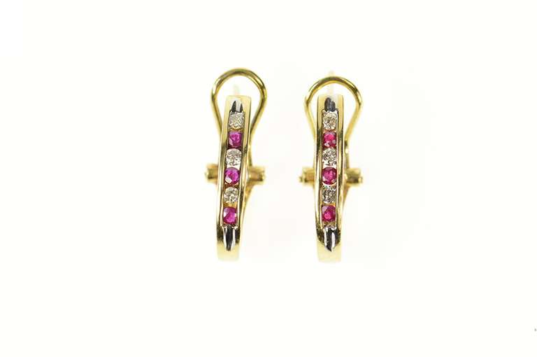 14K Yellow Gold Natural Ruby Diamond Oval French Clip Hoop Earrings