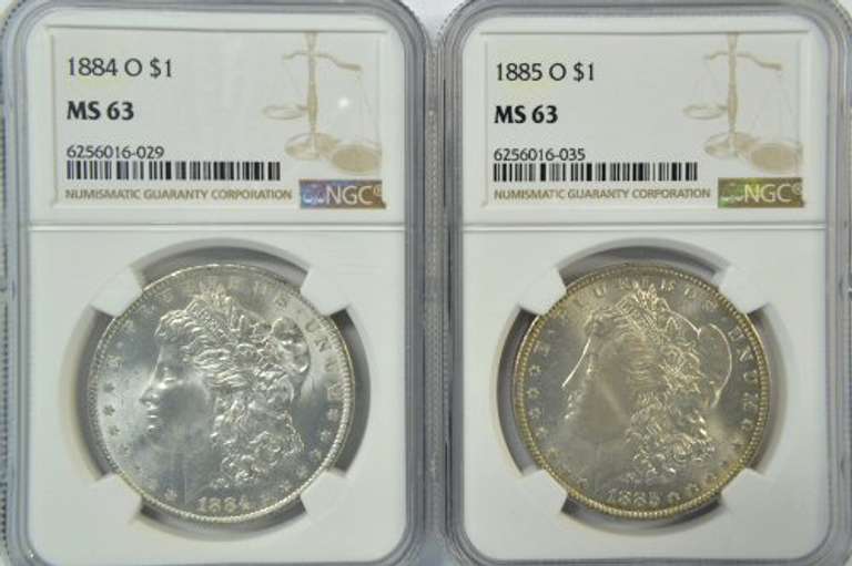 Choice BU 1884-O & 1885-O Morgan Silver Dollars. NGC MS63