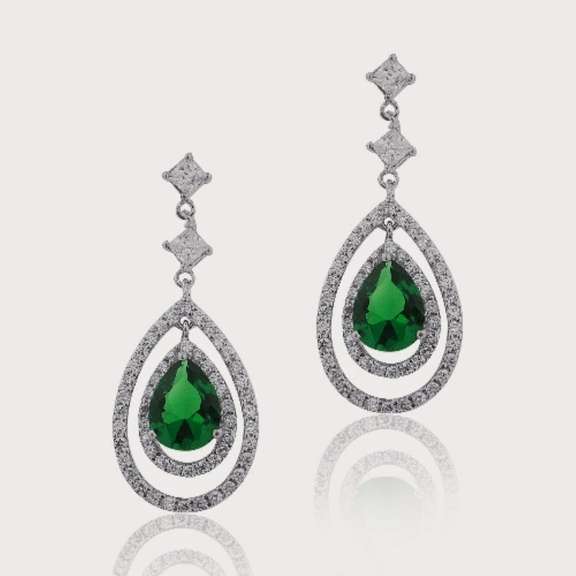 Sterling Silver 4&1/2ct Created Green Quartz & CZ Triple Teardrop Dangle Earrings