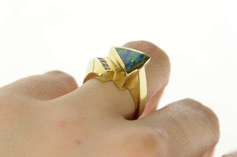 14K Yellow Gold Black Opal Inlay Diamond Accent Geometric Ring