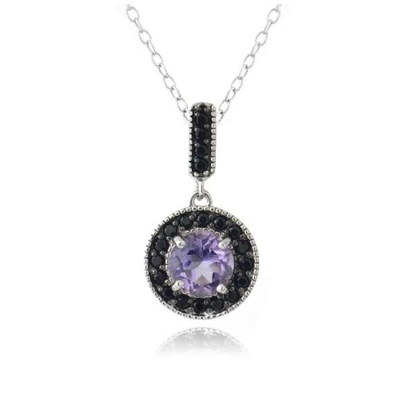 Sterling Silver 2.5ct Amethyst & Black Spinel Round Dangle Necklace