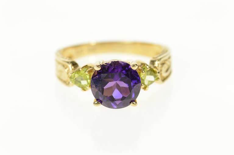 10K Yellow Gold Amethyst Peridot Ornate Scroll Design Ring