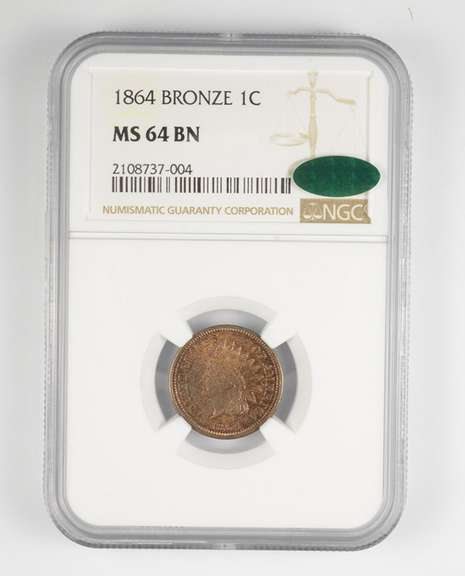 MS64 BN 1864 Indian Head Cent - Bronze - CAC - Graded NGC
