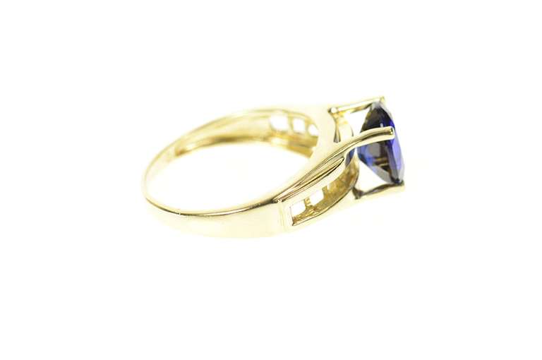 14K Yellow Gold Syn. Oval Sapphire Raised Statement Ring