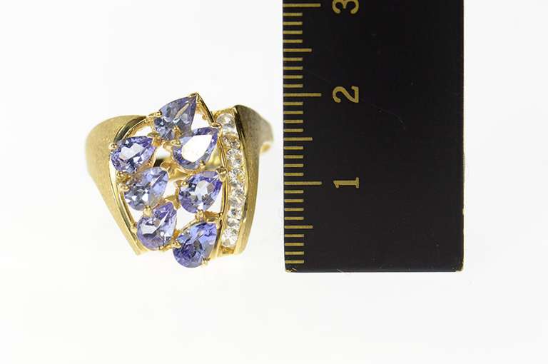 14K Yellow Gold Pear Tanzanite Cluster CZ Statement Ring
