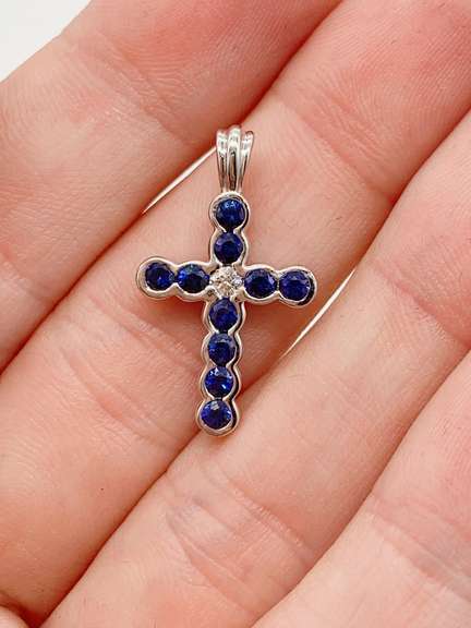 14kt Gold, Blue Sapphire, & Diamond Cross Pendant