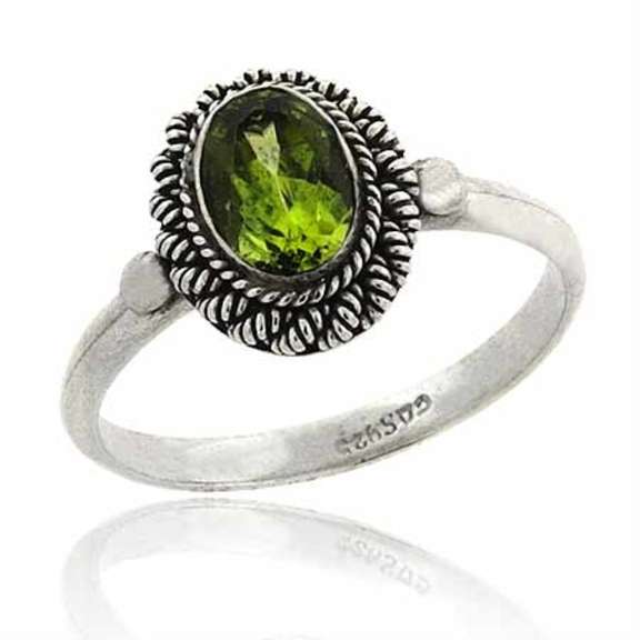 Sterling Silver Peridot Oval Solitaire Twist Border Ring