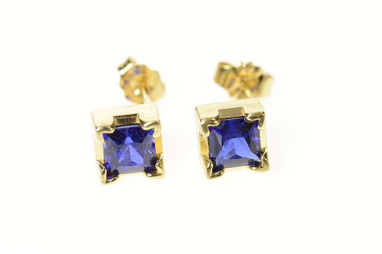 14K Yellow Gold Princess Syn. Sapphire Squared Stud Earrings
