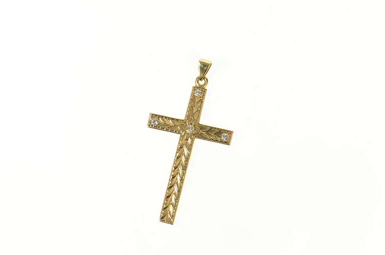 14K Yellow Gold Art Deco Etched Diamond Ornate Cross Pendant