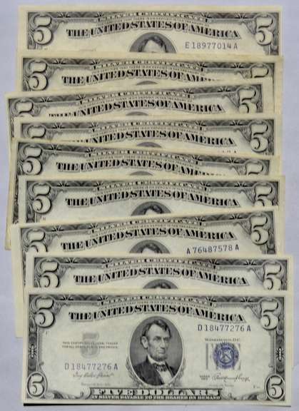 4 Each Clean 1953 1953 A  $5 Blue Seal Silver Certificateslver