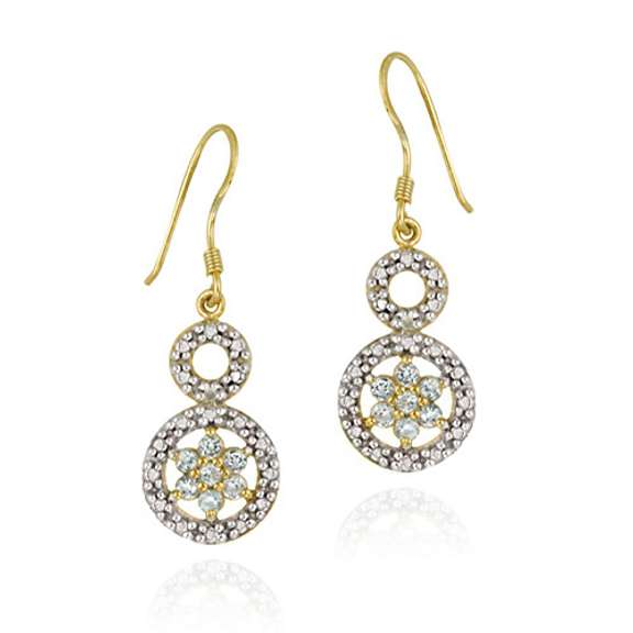 18K Gold over Sterling Silver Blue Topaz Flower & Diamond Accent Double Circle Earrings
