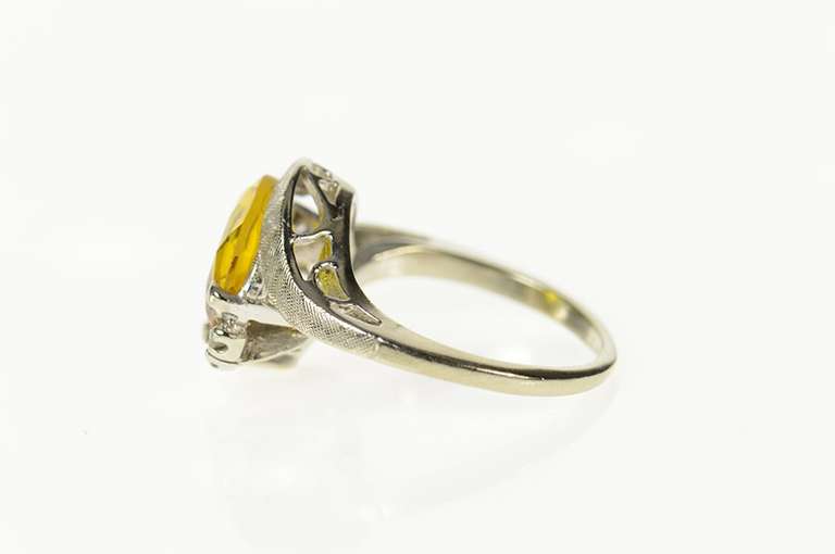 10K White Gold Oval Syn. Citrine CZ 1960's Textured Bypass Ring