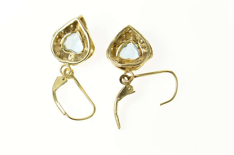14K Yellow Gold Retro Heart Blue Topaz Wavy Halo Dangle Earrings