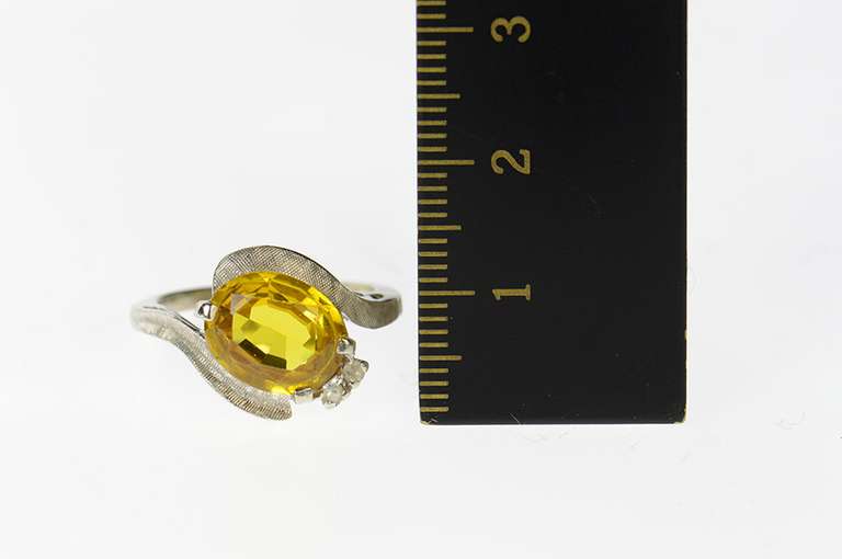 10K White Gold Oval Syn. Citrine CZ 1960's Textured Bypass Ring