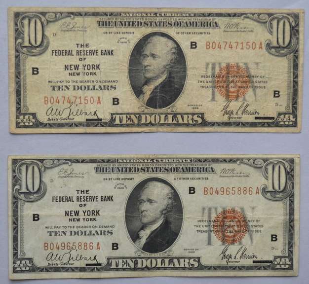2 1929 Series NY $ 10 National Currency Notes
