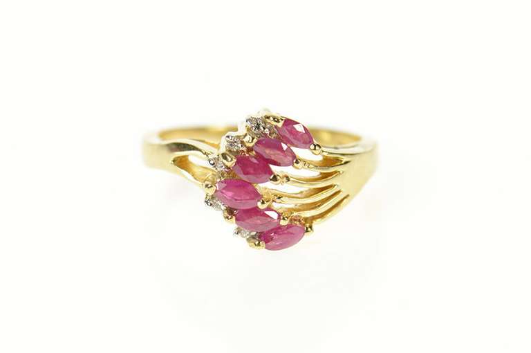 14K Yellow Gold Marquise Ruby Diamond Fanned Cluster Ring