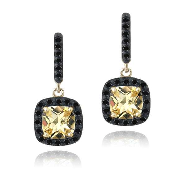 Gold Tone over Sterling Silver 2.9ct Citrine & Black Spinel Cushion Cut Dangle Earrings