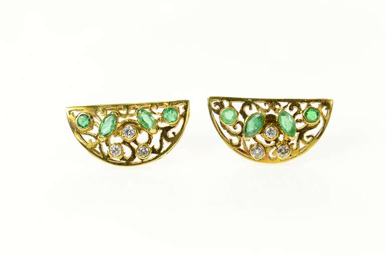 18K Yellow Gold Ornate Half Moon Emerald Diamond Scroll Earrings