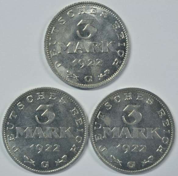 3 Choice BU 1922-G Germany 2 Marks Pieces. Nice