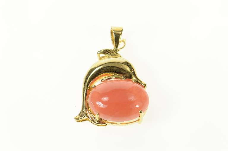 14K Yellow Gold Rhodochrosite Cabochon Dolphin Statement Pendant