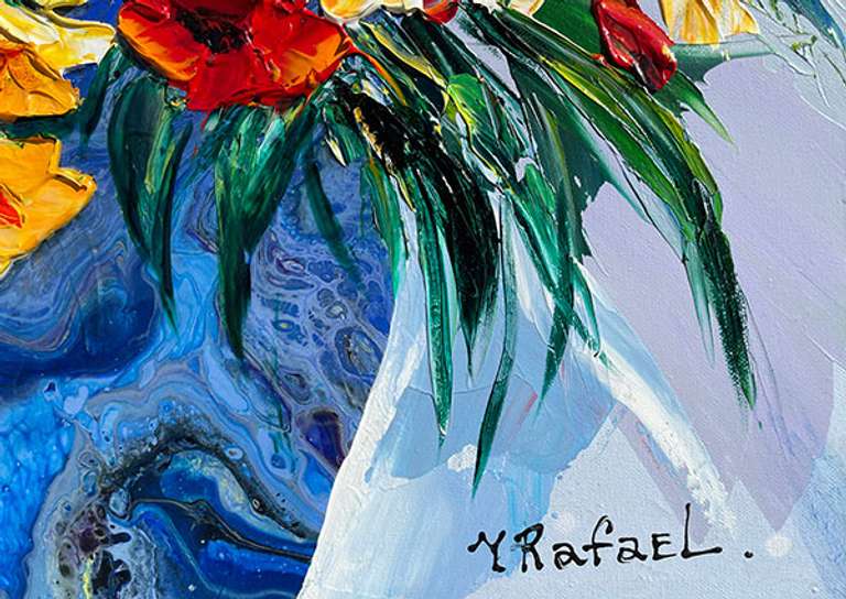 Spectacular Original by Yana Rafael Yana Rafael Puppies and viols in a blue vase