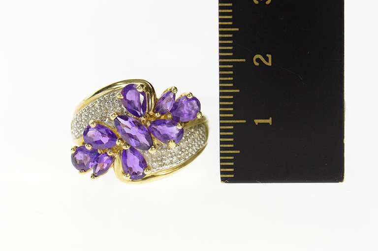 10K Yellow Gold Pear Amethyst Cluster Pave Diamond Accent Ring