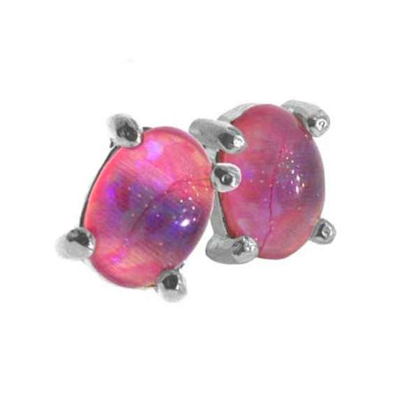 Sterling Silver .925 Fiery Created Pink Opal Stone Oval Small Stud Earrings