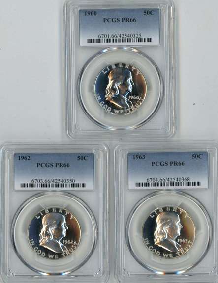 1960, 62, & 63 Gem Proof Franklin Halves. PCGS PR66