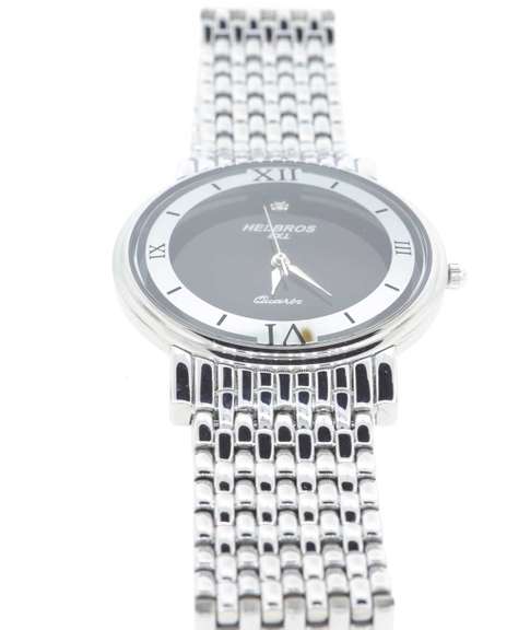 HELBROS MENS SILVERTONE BRACELET WATCH WITH BLACK DIAL .