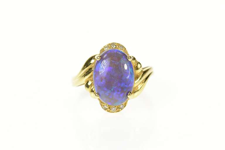 18K Yellow Gold Ornate Black Opal Diamond Cocktail Ring