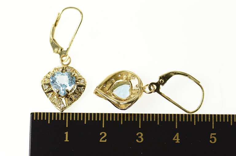 14K Yellow Gold Retro Heart Blue Topaz Wavy Halo Dangle Earrings